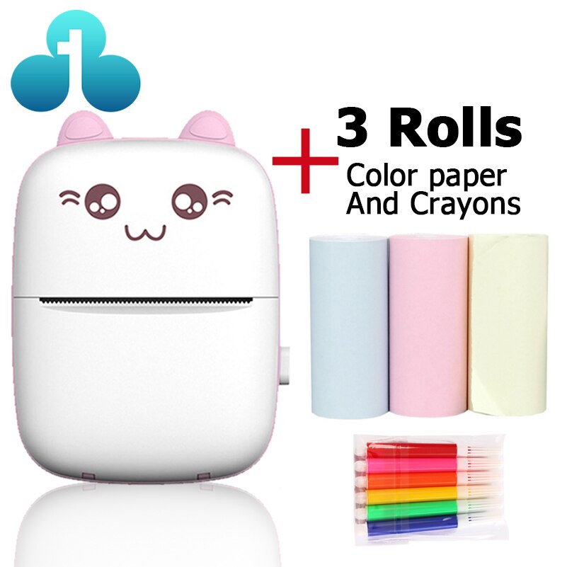 Portable Thermal Printer MINI CAT Print Photo Pocket Thermal Label Printer 58mm Printing Wireless Bluetooth Android IOS Printers: PINK PLUS 3 COLOR