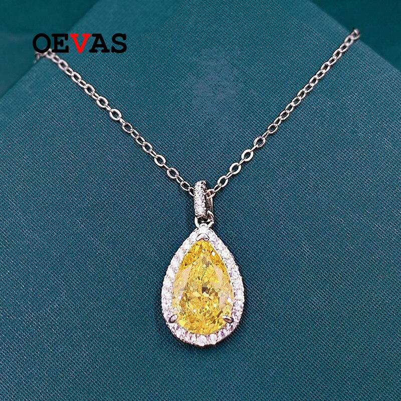 OEVAS 100% 925 Sterling Silver 8*12mm Yellow Water High Carbon Diamond Pendant Necklace For Women Sparkling Fine Jewelry