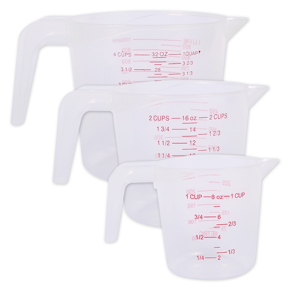 Jarra medidora de plástico para cocina, taza medidora de superficie con boquilla, graduada para hornear, medida líquida, 250/500/1000ML, 3 uds.