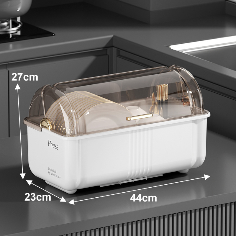 Household Storage Box Kitchen Dish Organizer Drainable Dish Organizer Flatware Storage Box with Lid: Light Grey