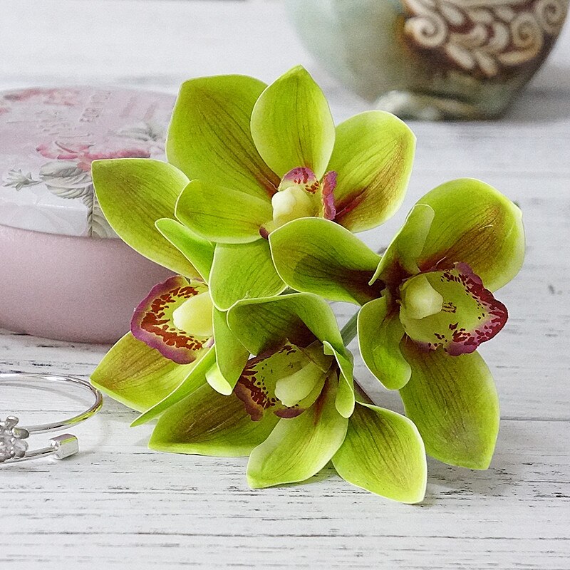 Ramo de novia de orquídeas blancas, flores artificiales de látex, álbum de recortes DIY, Decoración de casa, 4 Uds. Por paquete: green
