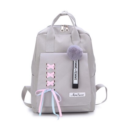 4 teile/satz Band Kette Bowknot Brief Mochila Leinwand Rucksack Reise Rucksäcke Freizeit Rucksäcke Für Teenager Mädchen Schule Bagpack: 1pcs grey