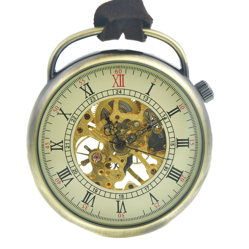 SHUHANG Mens Skeleton Zakhorloge Mechanische Beweging Hand Wind Romeinse Cijfers Vintage Stijl Reloj De Bolsillo