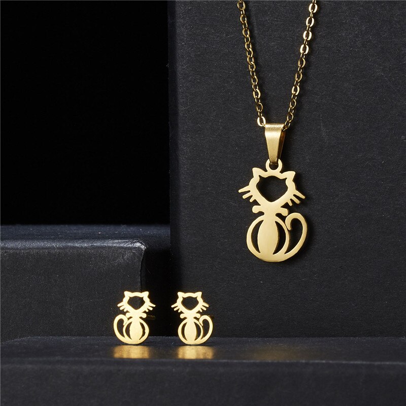 Rinhoo Dier Vlinder Rvs Hanger Ketting Sets Voor Vrouwen Kat Visgraten Ketting Oorbellen Sieraden