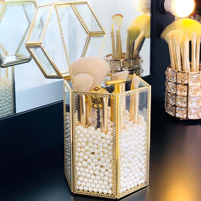 HUNYOO Glas en Metalen Parfum Flessen Make Borstels Houder Parels box Vierkante Gouden Make-Up Kwasten Parels Organizer Met deksel