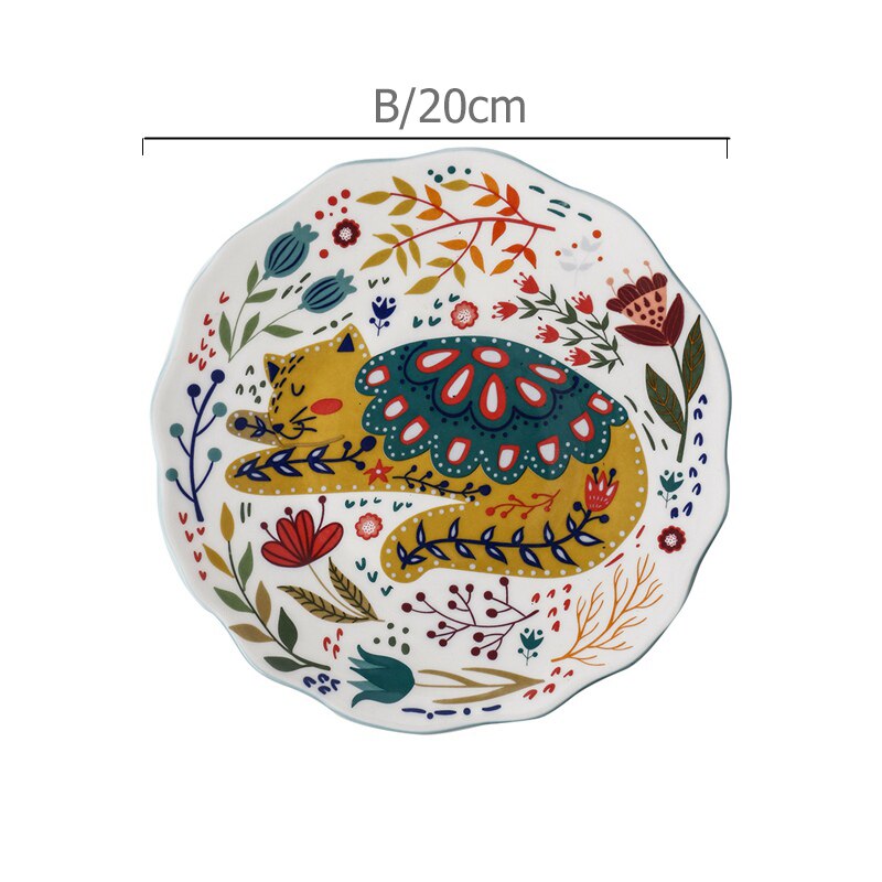 8 inch Hand-painted Cat Dinner Plate Under-glazed Ceramic Dinner Dishes Dessert Tray Flower Kitten Dinnerware Microwave Safe: B
