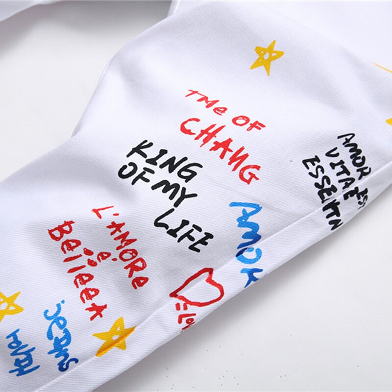 Pantalones vaqueros blancos con estampado de Ángel y letras bordadas para hombre, pantalones pitillo elásticos ajustados a la