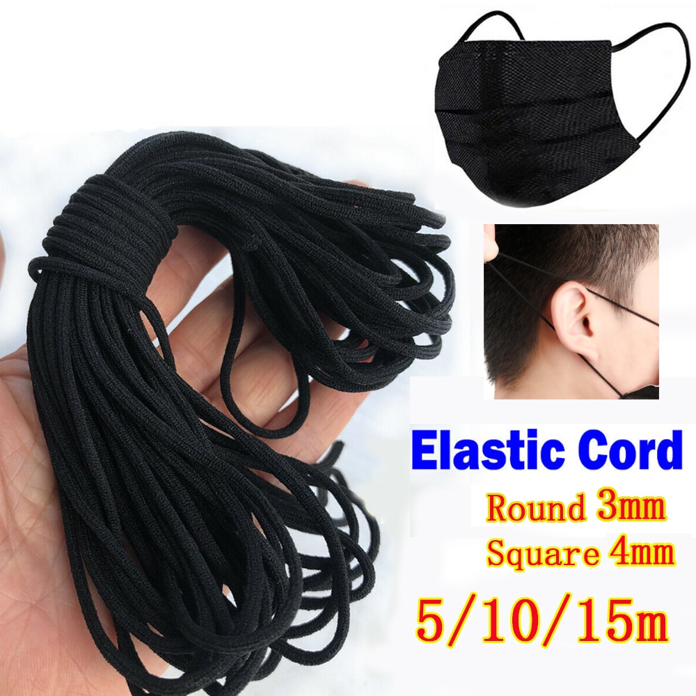 5/10/15m sort ansigtsmaske rundt elastikbånd ledning ørehængende reb materialemaske reb gummibånd diy sy håndværk 3mm 4mm