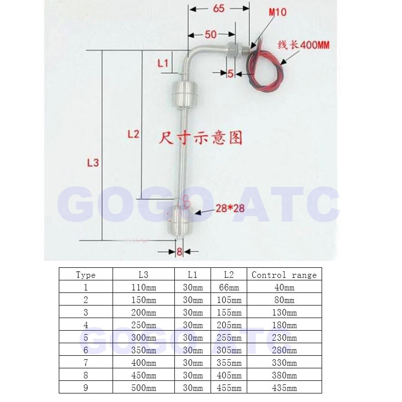 Stainless steel 304 double ball float switch liquid level sensor 240VAC/200VDC high tempe 90 degree elbow water level controller