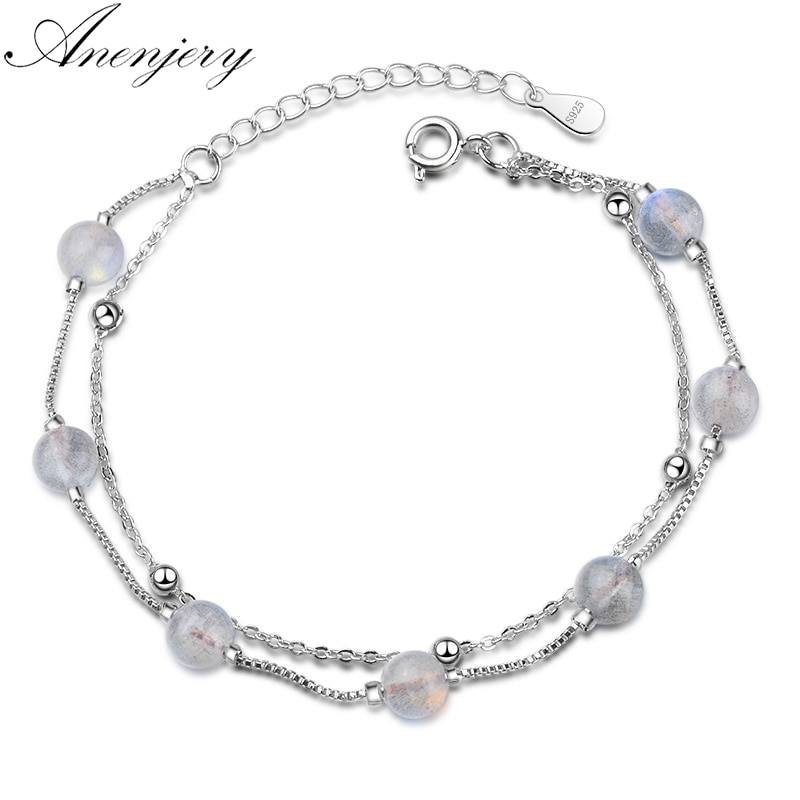 Anenjery Multi Layer Natuurlijke Maansteen Kralen Armband Voor Vrouwen Eenvoudige Elegante Zilveren Kleur Sieraden Pulseira S-B183