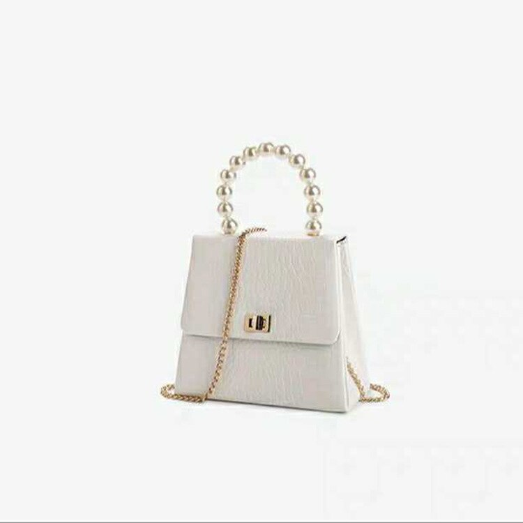 Cross border women's bag autumn and winter Pearl handbag Korean version tide crocodile single shoulder slant cross bag: Locked White