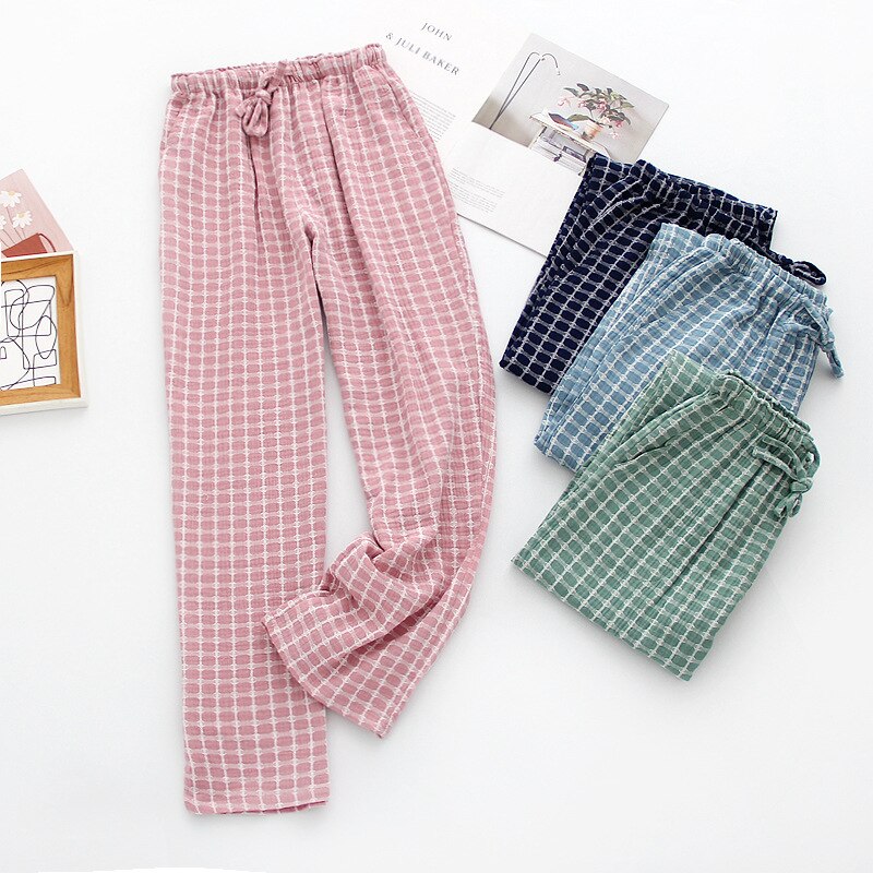 NHKDSASA Men's Cotton Gauze Trousers Plaid Sleep Pants Woman Pajamas Pants Bottoms Sleepwear Short for Couples Pijama Hombre
