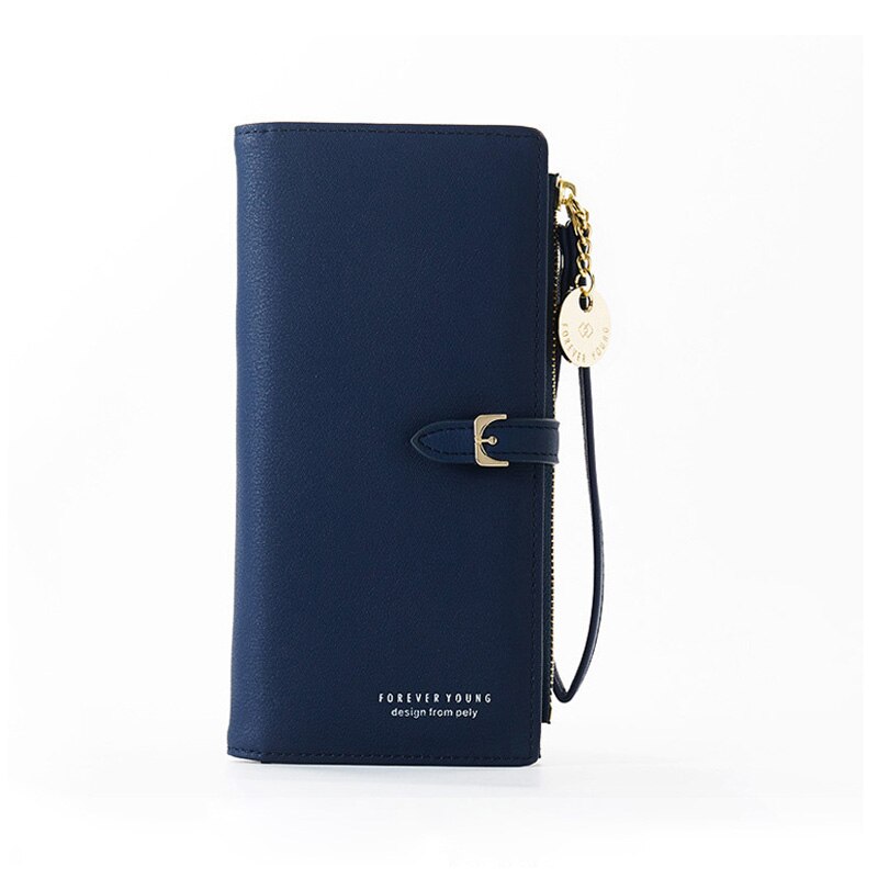 Cartera de piel suave para mujer, Carteras largas con broche, monedero Delgado, tarjetero para mujer: Dk Blue