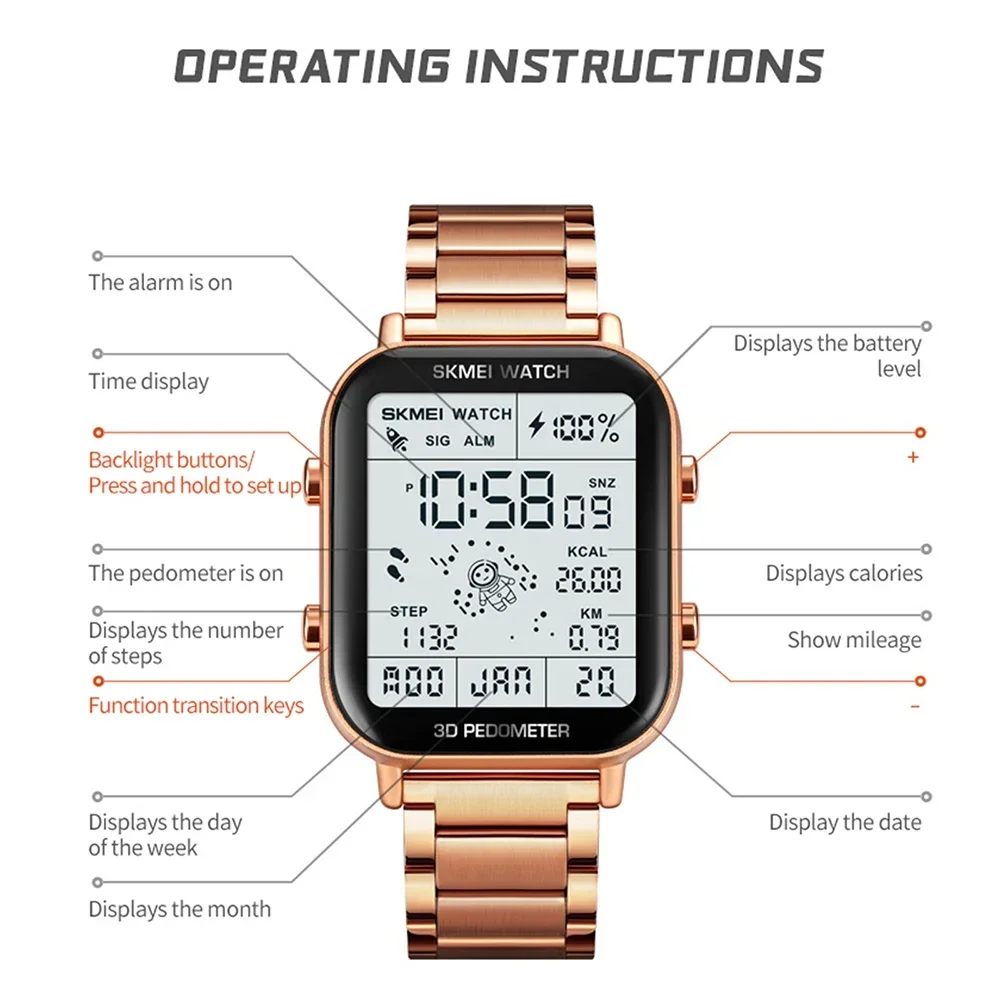 Skmei 1888 Kalenderklok Reloj Hombre Sport Stappenteller Calorieberekening Digitale Horloges Mannen Stopwatch Countdown Polshorloge