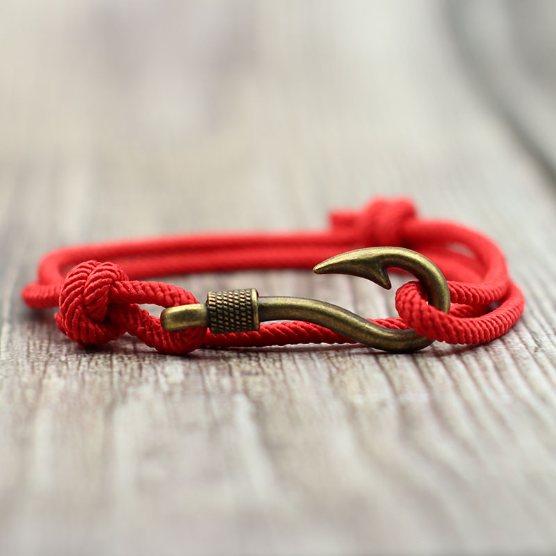 Vintage hameçon homme Bracelets accessoires mâle Double couche chanceux vin rouge Braslet tressé Bracelet réglable pour lui