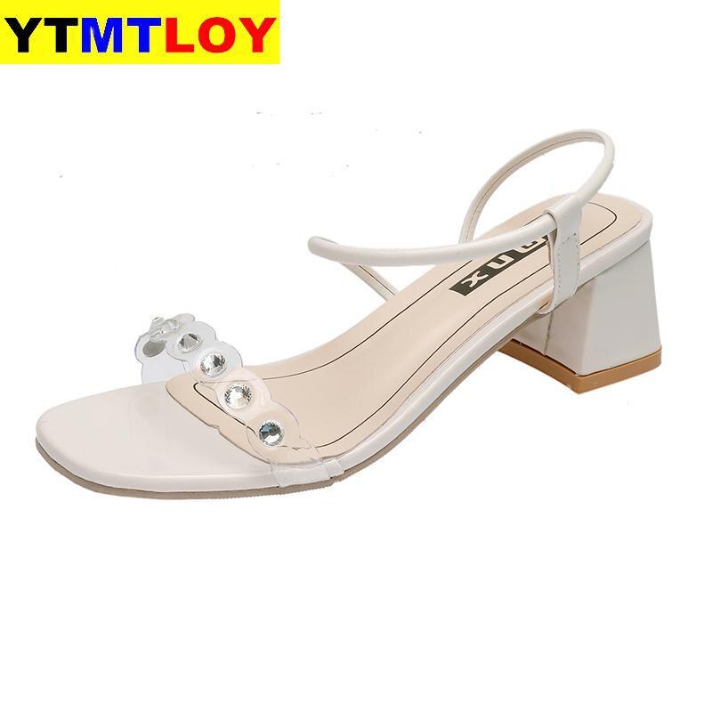 Höga klackar vita sandaler kvinnor sommarrep ankelrem dam fyrkantiga klassiker skor gula tofflor ledig ryggrem: Beige / 35