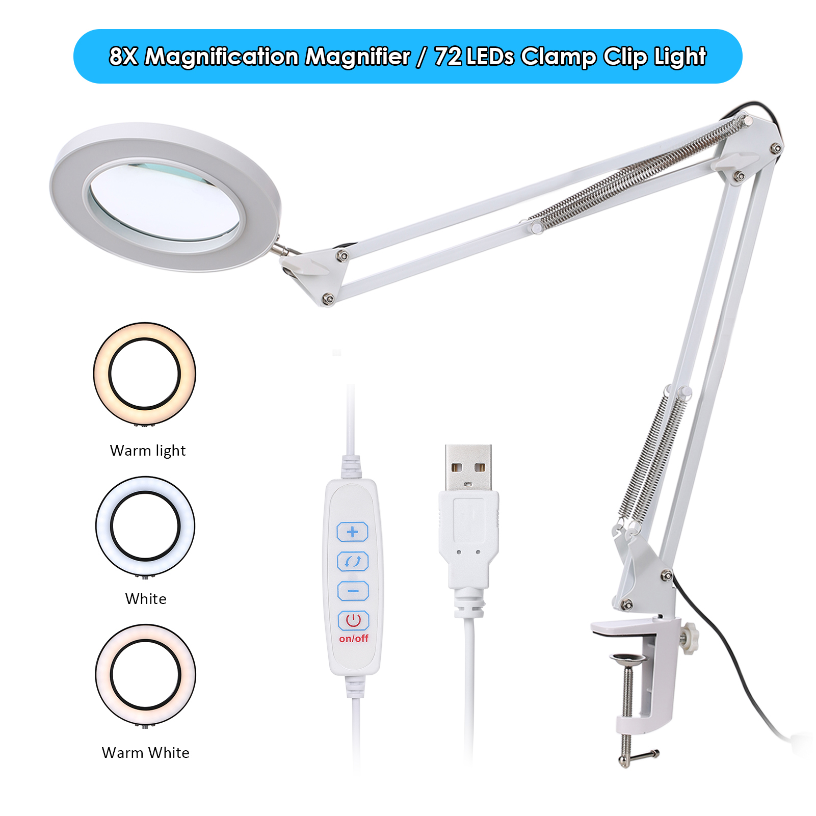 Magnifying Glass Magnifier with LEDs Clamp Clip Light 8X Magnification 10 Levels Brightness Dimmable Desk Lamp with Bracket