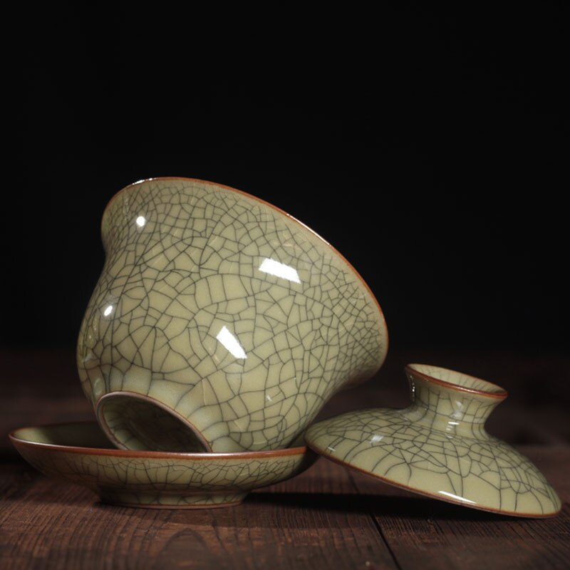 Geyao crackle glaze porselensterrin brother ovn keramisk gaiwan kopp bollesett merket dekkede boller kopp tallerken 150ml på kinesisk