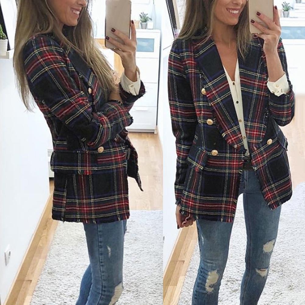 Señora de la Oficina de doble lado Cardigan lana cuadros Blazer cruzado chaqueta Otoño Invierno mujer Chaquetas TELA ESCOCESA chaquetas prendas de vestir exteriores