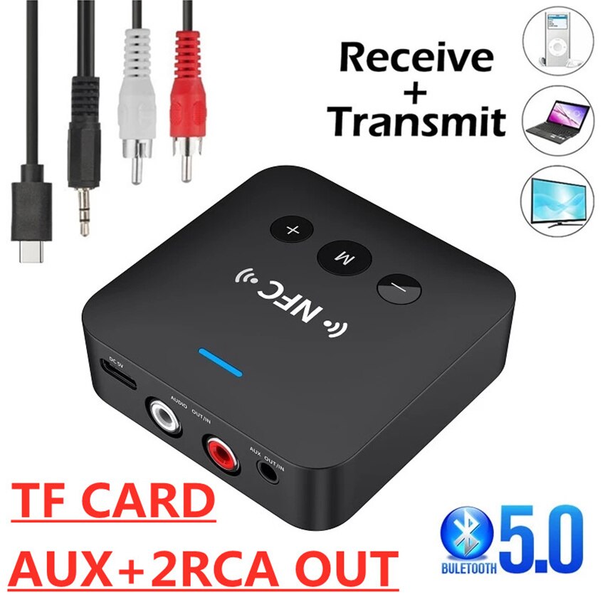 Bluetooth 5.0 Audio Transmitter Receiver AptX 3.5mm Jack Aux RCA Wireless Adapter Stereo Music for TV Car PC Headphone 2 Speaker