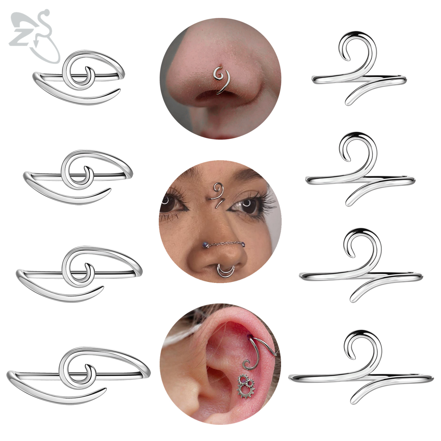 Zs 1 peça 16g 925 prata esterlina nariz parafuso prisioneiro mulheres homens hipoalergênico ponte espiral piercing narina concha piercings 10/12/14/16mm