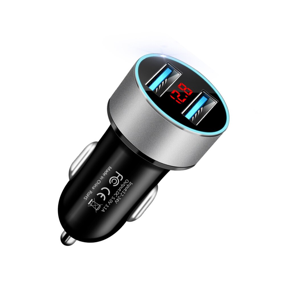 Led display voltmeter 3.1a dobbelt usb telefon oplader bil cigarettænder strømadapter stik splitter til 12-24v biler: Sølv
