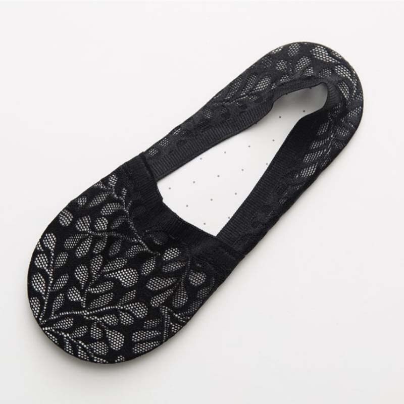 Sexy Breathable Black Skin color Lace Printed Antiskid Ankle Sock Flower Summer Invisible Short Women Socks: Black