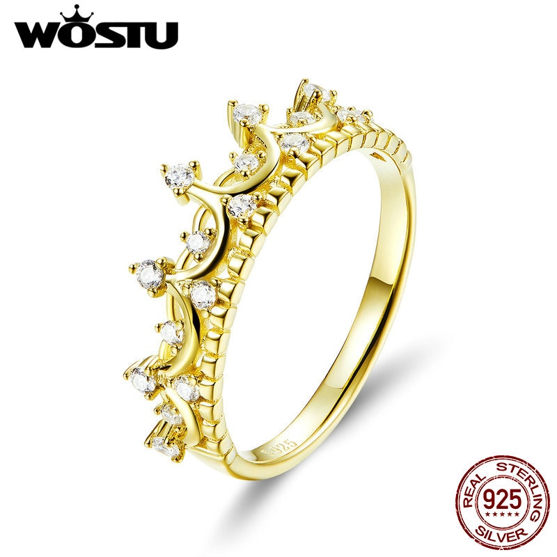 Wostu Real 925 Sterling Zilver Goud Kleur Koningin Kroon Ring Zirkoon Vinger Voor Vrouwen Wedding Engagement Ringen 925 Sieraden CQR493