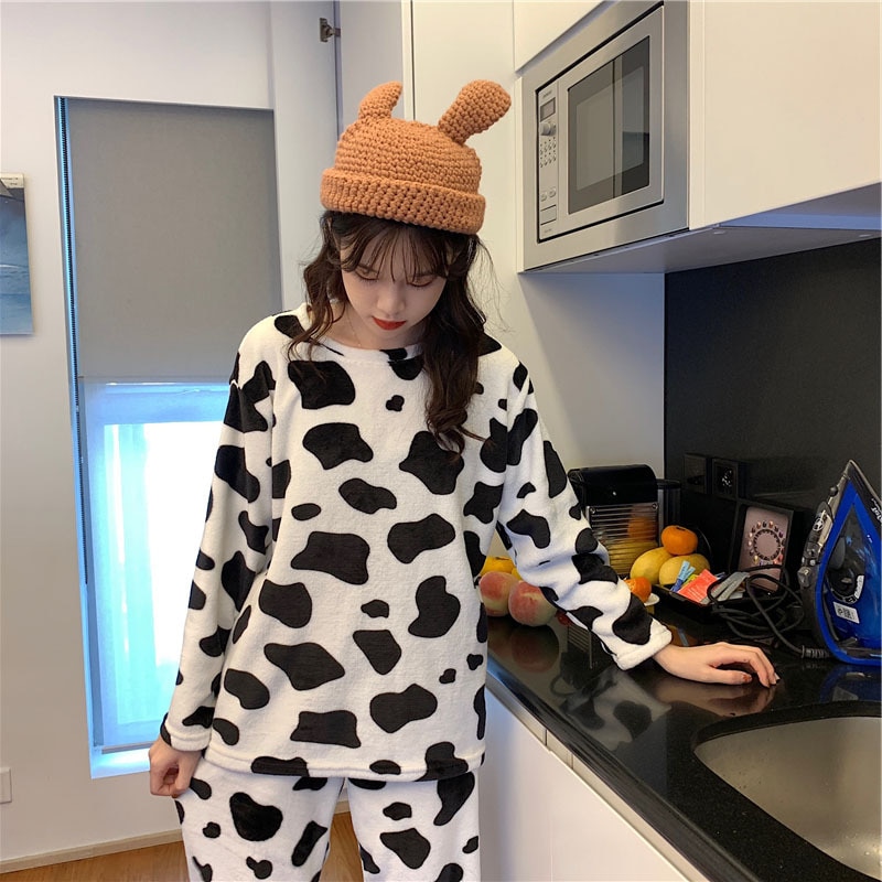 Pyjama dames herfst/winter pluche schattige koeienprint patroon warme lange mouwen pyjama huiskleding set