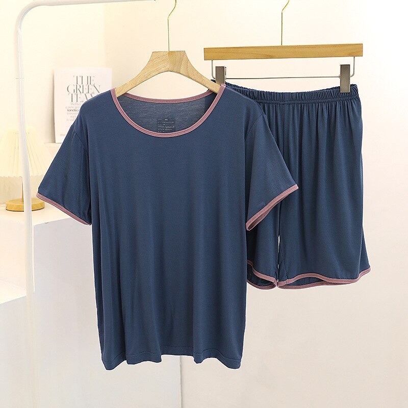 Pliktea – pyjama d'été pour femmes, tenue de maison avec short, vêtements de nuit, haut: Bleu
