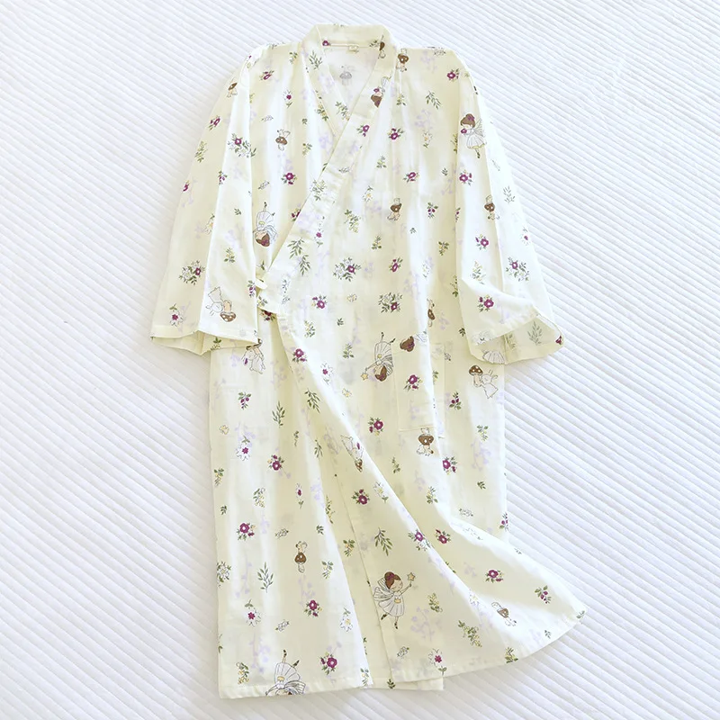 Albornoz tipo kimono de algodón para mujer, ropa de casa holgada, pijamas, batas para mujer, cárdigan estampado multicolor, ropa para dormir, bata para mujer: M / Rosa