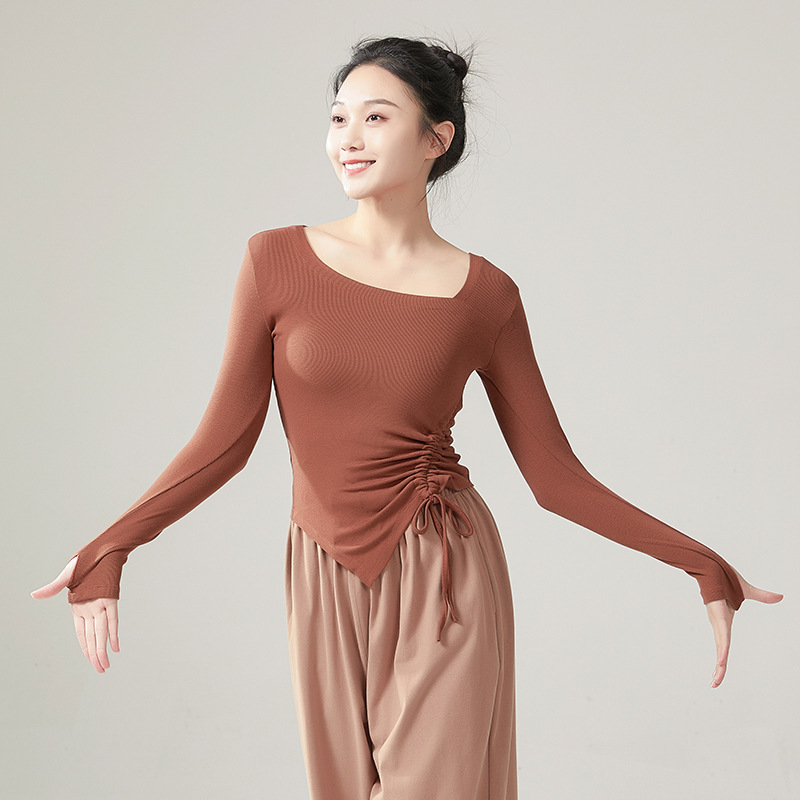 Vrouwen Moderne Danskleding Vingermouwen Zoom Trekkoord Gebreide Tops Stage Performance Kleding China Slim Fit Yoga Kostuum