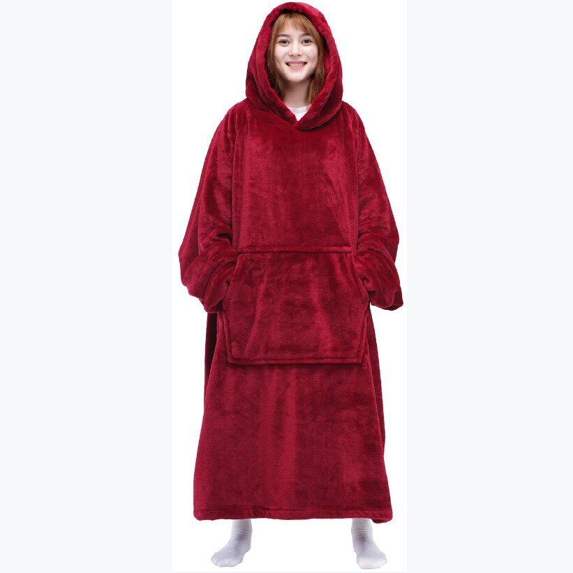 Super Long Oversized Blanket HoodieWinter Hooded Wearable Family TV Blanket with Sleeves Thicken Sherpa Fleece Hoody Sweatshirt: Red
