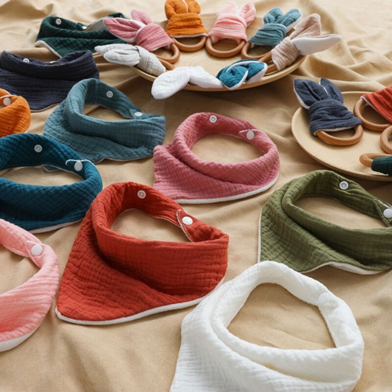 2 Stks/set Baby Jongen Meisje Speeksel Tissue Molars Ring Houten Bijtring Set Katoenen Mousseline Slabbetjes Effen Kleur Burp Doek Driehoekige sjaal