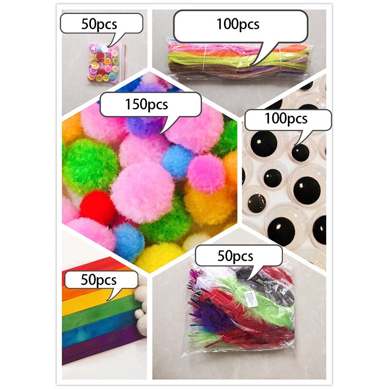 Pipe Cleaners Crafts Set Crafting Kit Chenille Stem Pompoms Googly Eyes Wooden Stick for DIY Crafts Doll Making Supplies