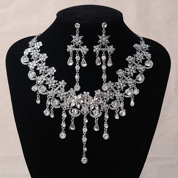 Luxo cor de prata flores de cristal conjunto de jóias de noiva para mulheres colar de declaração brinco strass tiara acessórios de casamento: Default Title
