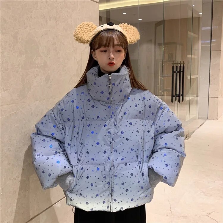 Vrouwen Winter Jas Parka Korte Vrouwen Ster Flash Jas Dames Warme Gewatteerde Jas Kleurrijke Reflecterende Glow Hooded Parka jassen: blue / Xl