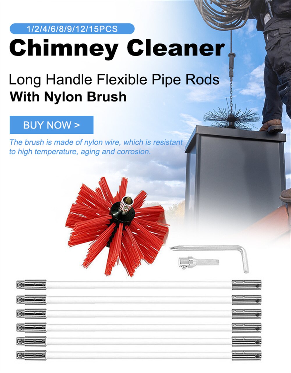 Lange Handvat Flexibele Pijp Staven Met Nylon Borstel Voor Schoorsteen Cleaner Borstel Schoon Rotary Sweep Systeem Haard Kit Rod Tool set