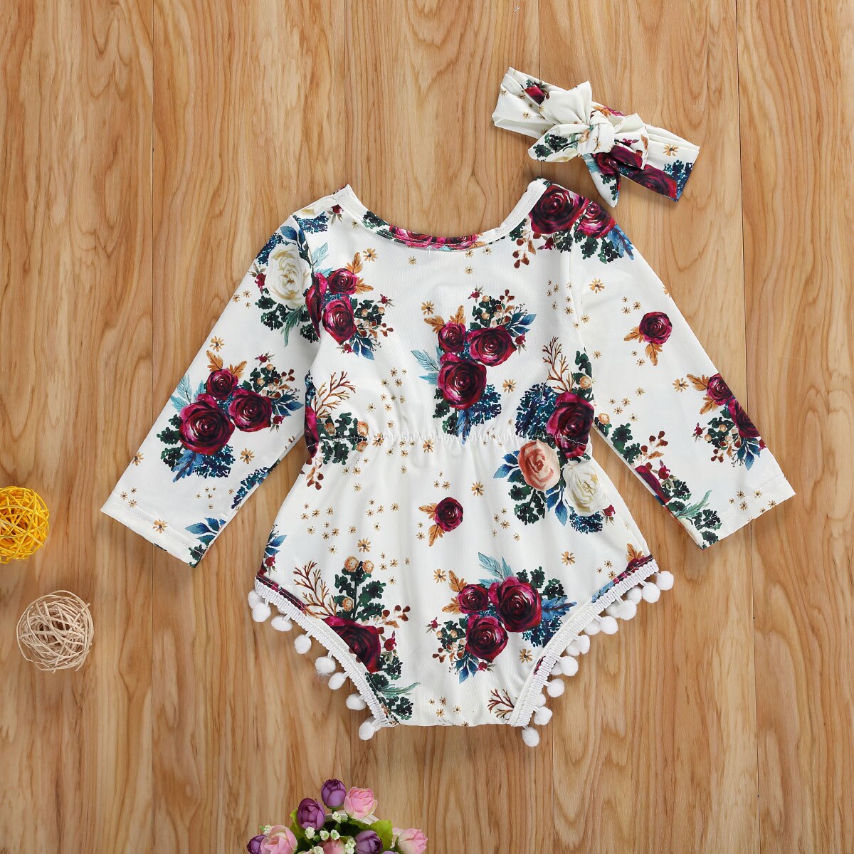 Pasgeboren Baby Meisje Jongen Lange Mouw Melk Zijde Jumpsuits Lente Herfst Bodysuit Kwastje Ballen Bloemen Playsuit Hoofdband