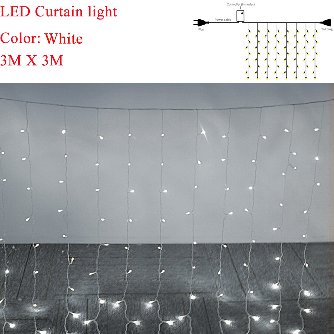 Waterproof LED String Lights 1X3M 2X3M 3X3M 2X2M Outdoor Garden Lamp fairy leds Indoor Bedroom led lights for Home decor curtain: White 3mx3m / AC220V EU Plug