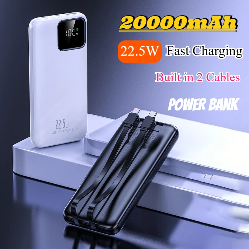 Tragbarer akku 20000 mah , 22.5w schnelllade-powerbanks, -in 2 kabel für huawei, iphone und xiaomi, externer akku