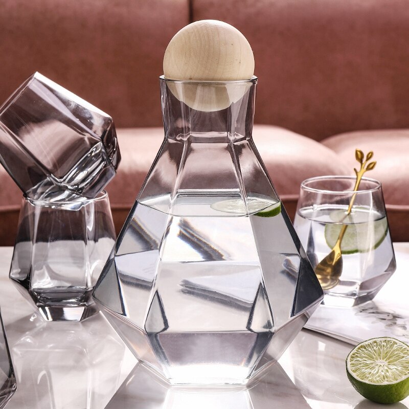 Diamond Whiskey Glazen Sets Waterkoker Met Hout Bal Deksel Duidelijk Kruik Voor Sap Cocktail Wijn Glazen Set: Smoky Gray
