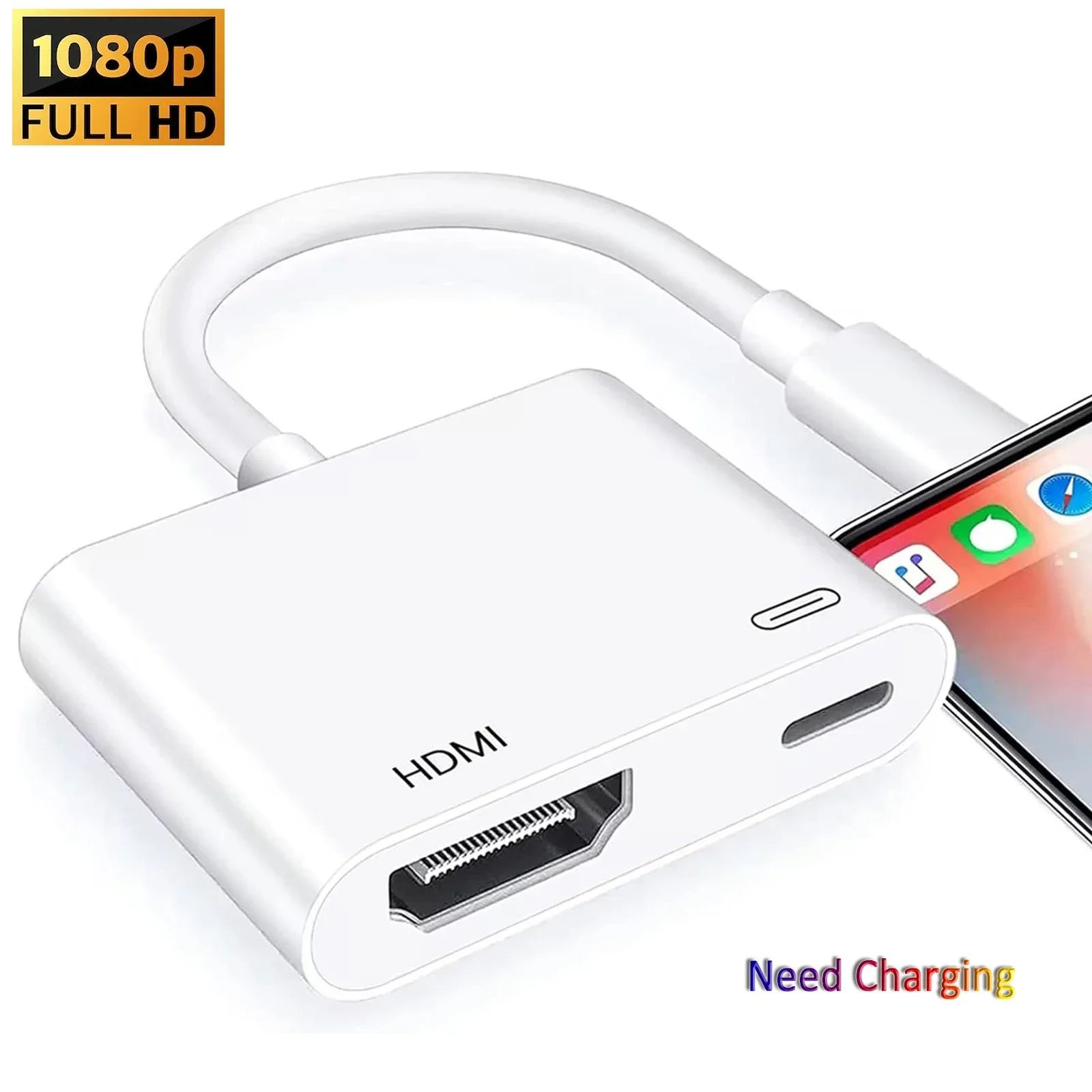 Adaptador de iPhone a HDMI para monitores de TV Compatible con proyector Adaptador de puerto de 8 pines para modelos iPhone iPod Conexión HDMI: Blanco