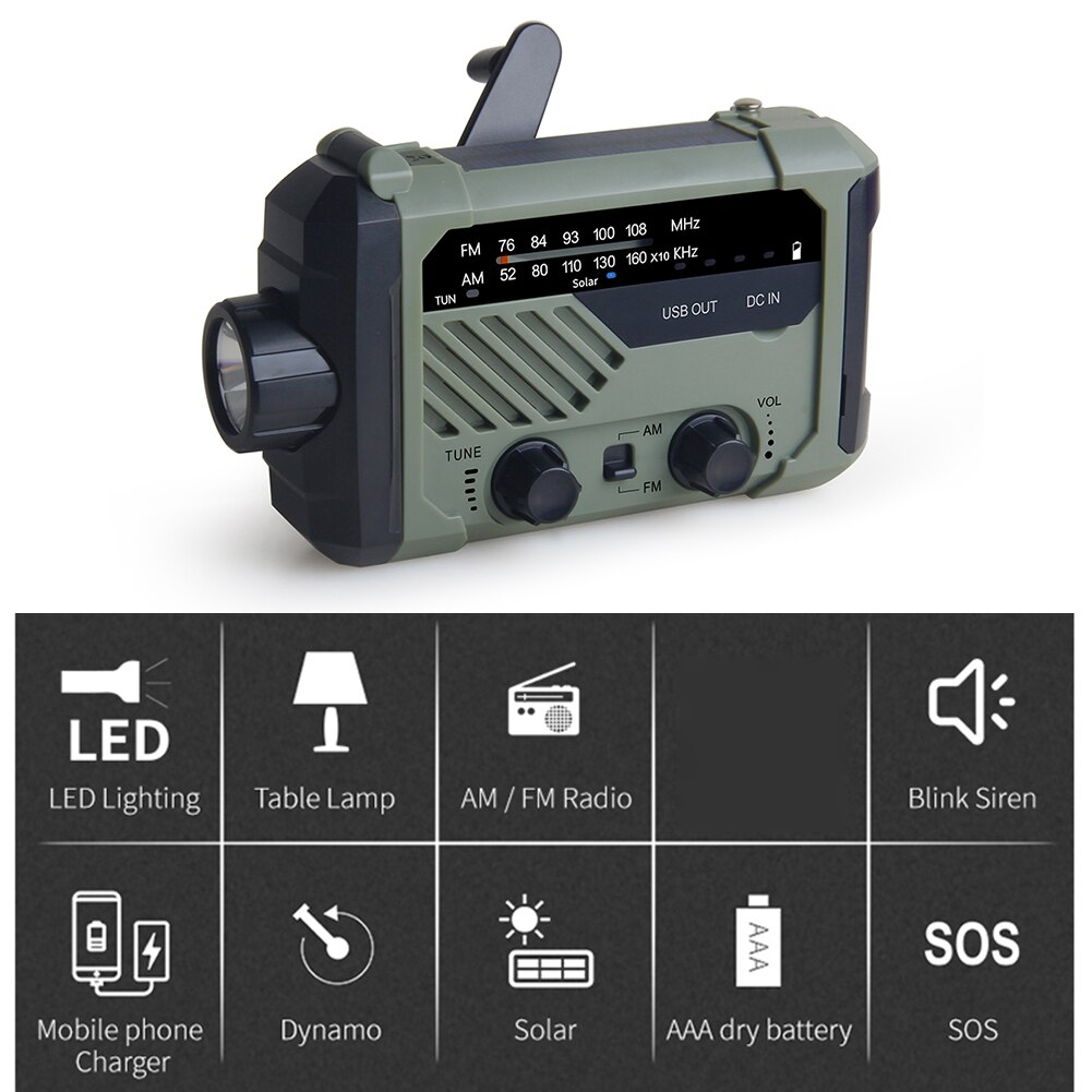 Manovella solare portatile Radio 2000mAh AM FM emergenza lampada da lettura multifunzionale torcia SOS allarme energia di ricarica solare