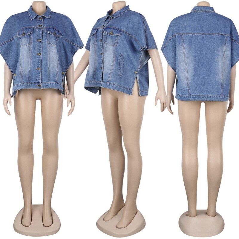 Grande taille veste en jean femmes manches chauve-souris bouton poches jean ample manteau court veste femmes Streetwear automne Bomber veste