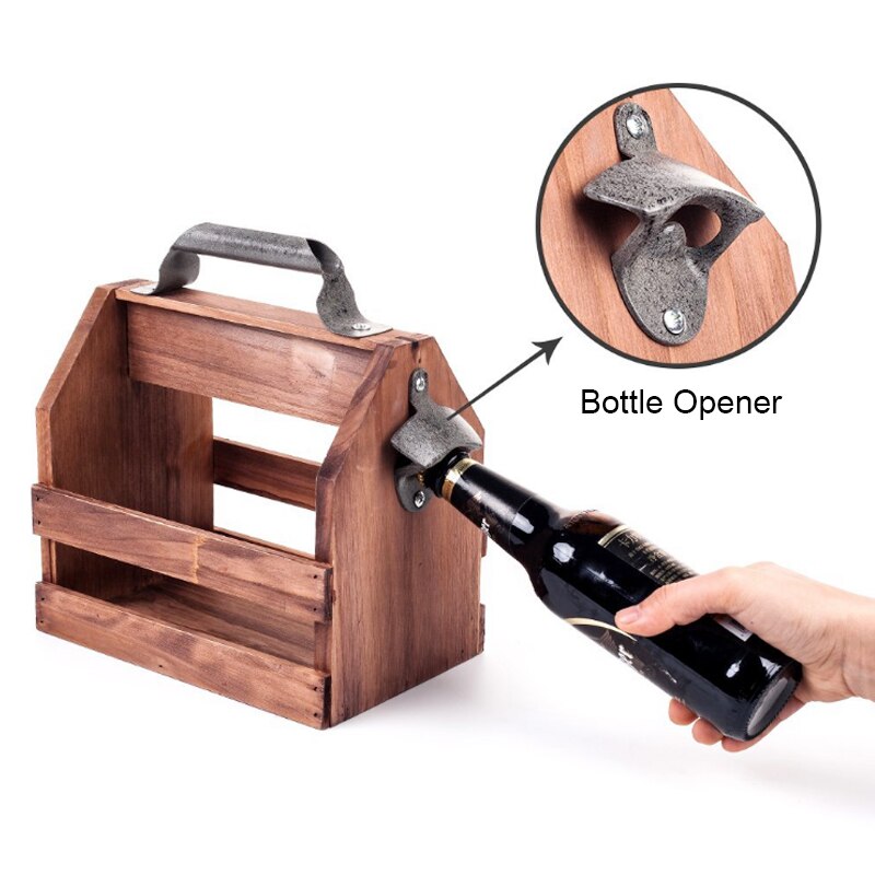 Casier à vin en bois 6-Pack vin bière boisson transporteur armoire Champagne bouteilles boîte de rangement avec décapsuleur en métal