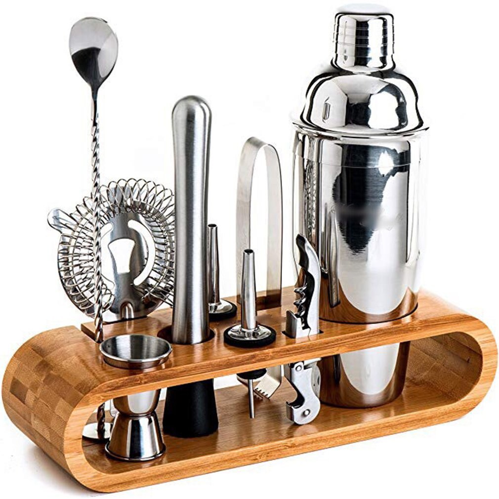 Juego de 10 piezas de utensilios de Bar de acero inoxidable, coctelera con estante de madera