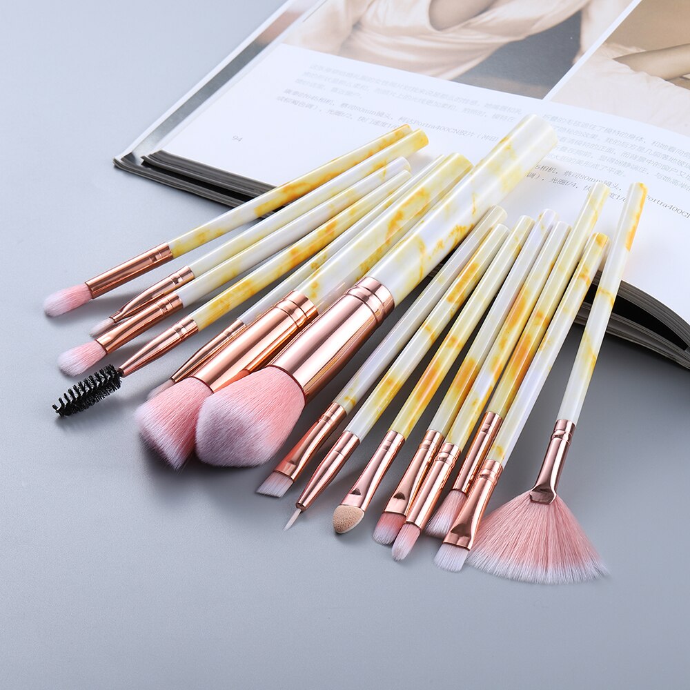 FLD10/15Pcs Marble Kabuki Makeup Brushes Set Cosmetic Eye Shadow Foundation Blush Blending Beauty Make Up Brush Tools Maquiagem: 15psc yellow