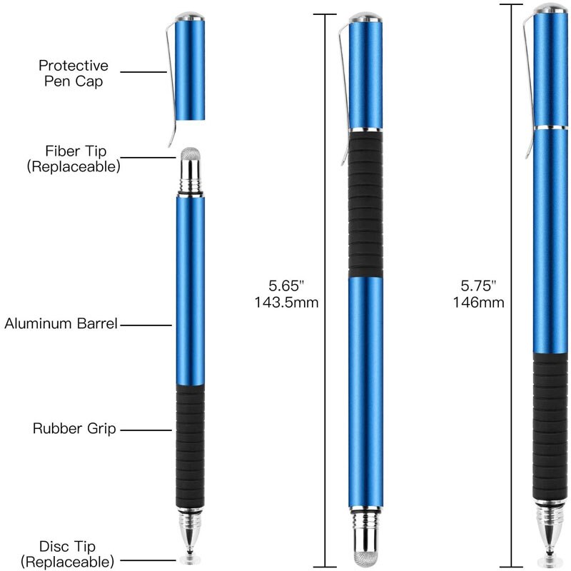 2 in 1 Precision Series Disc Stylus Drawing Touch Pen with 2 Replaceable Disc Tips and 1 Fiber Tip for All Touch Screen Devices
