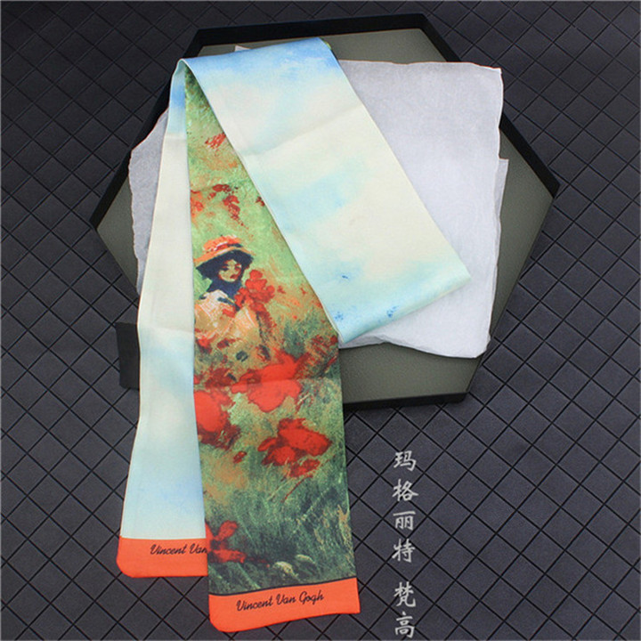 Van Gogh《Starry Night》Oil Painting Twill Silk Scarf Women Neckerchief Skinny Bag Scarf Female Headband Scarves Wraps For Ladies: 7